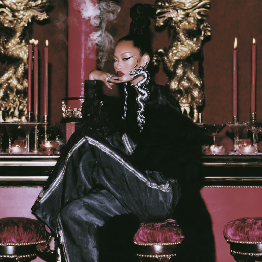 A woman in black at a candlelit bar wearing a large silver dragon earring that coils from ear to shoulder