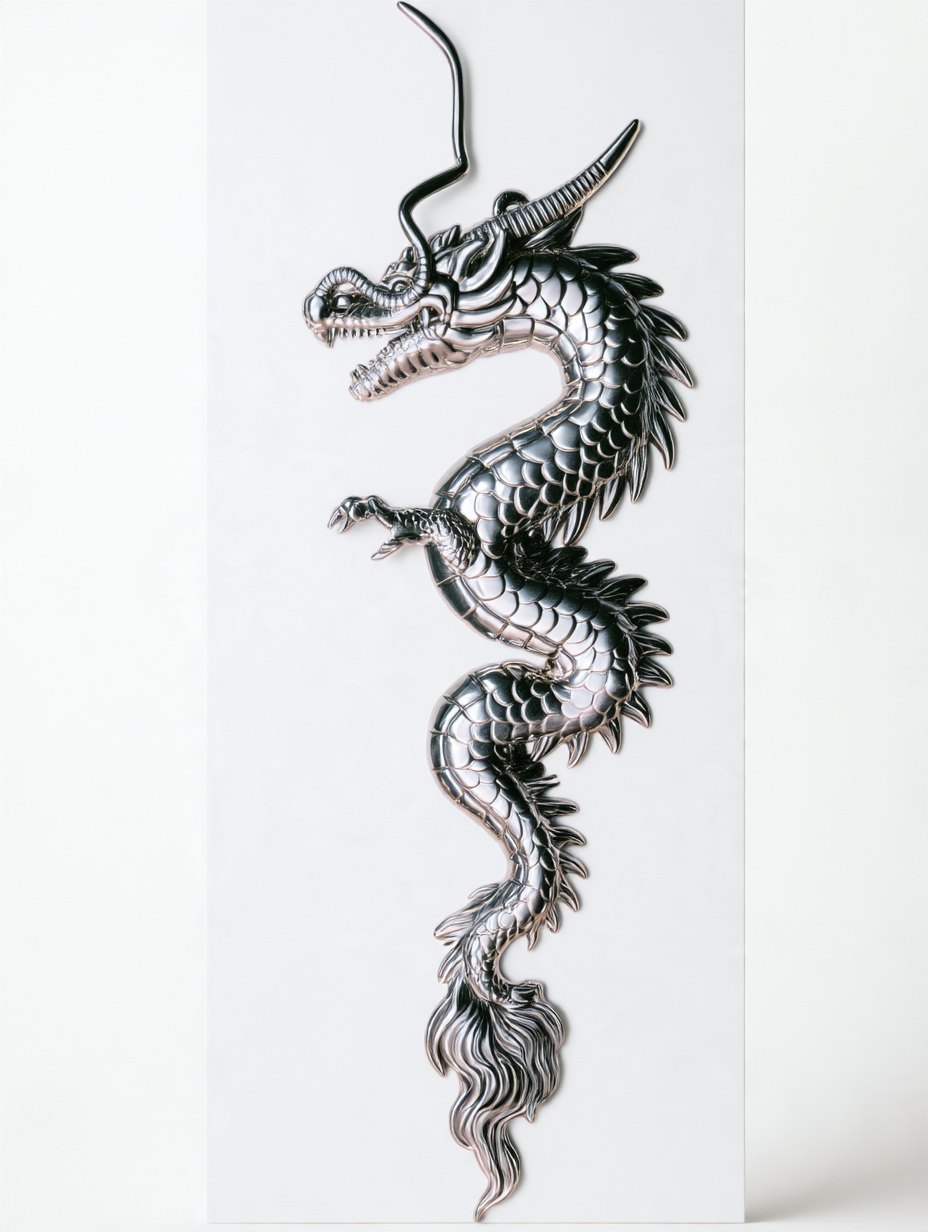 The Dragon Earring: a long silver dragon with scales, horns and a flame tail, on white