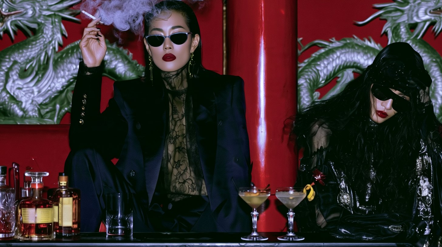 Two women in black at a lacquered bar beneath silver dragons